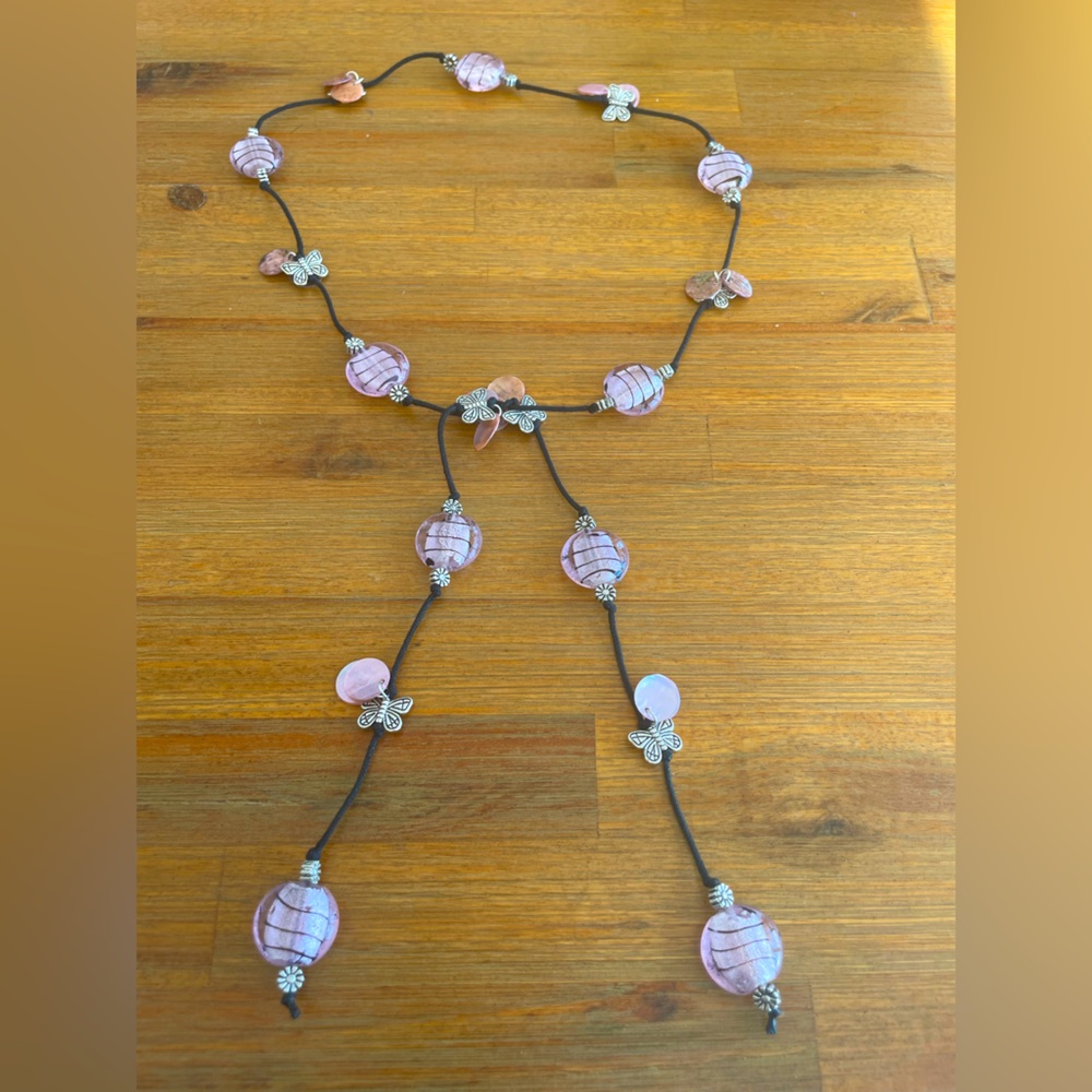 Handmade Pink Foil Lined Glass Bead Lariat Style Necklace w/ Butterflies & Shell